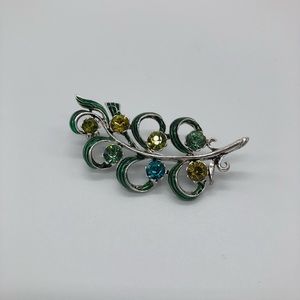**FREE W/PURCHASE  Vintage Enamel Rhinestone‎ Brooch Pin Silver Leaf